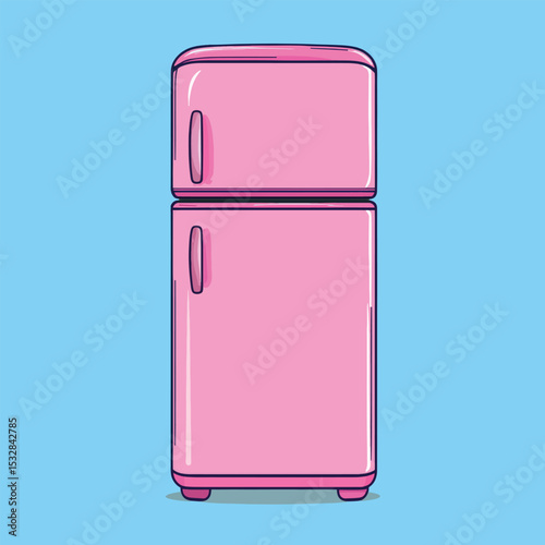 Twodoor pink refrigerator with dark blue outlines and rounded edges