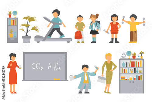 Cartoon flat vector illustrations of students' campus life, primary school education, teachers' classroom teaching, children's life scenes