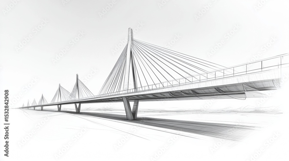 Fototapeta premium Architectural sketch of a modern cable-stayed bridge over a wide river plain