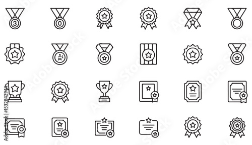 Vector Line Art Icon Set of Awards Medals Trophies Certificates Ribbons Badges Stars Achievement Recognition Success Winning Competition Prize First Place Second Place Third Place