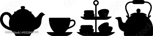 Tea Set Silhouettes Teapot Cup Stacked Plates Afternoon Tea Concept