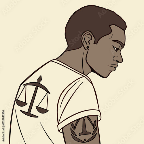 Young man with tattoos looking down in minimalist style illustration  