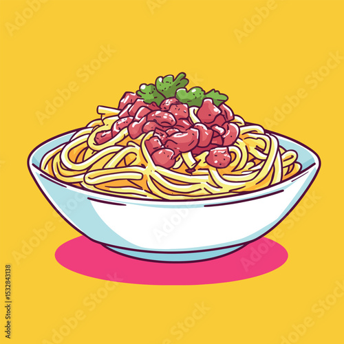 Vibrant Cartoon Illustration of a Bowl of Spaghetti with Meat Sauce