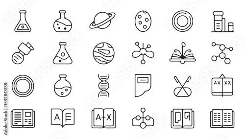 Vector Line Art Icon Set Science Education Chemistry Biology Astronomy Books Planets Molecules Erlenmeyer Flask Test Tubes Open Book D N A Double Helix