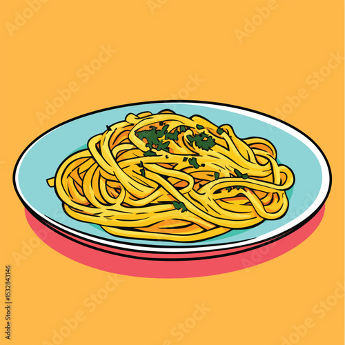Vibrant Cartoon Illustration of a Plate of Pasta