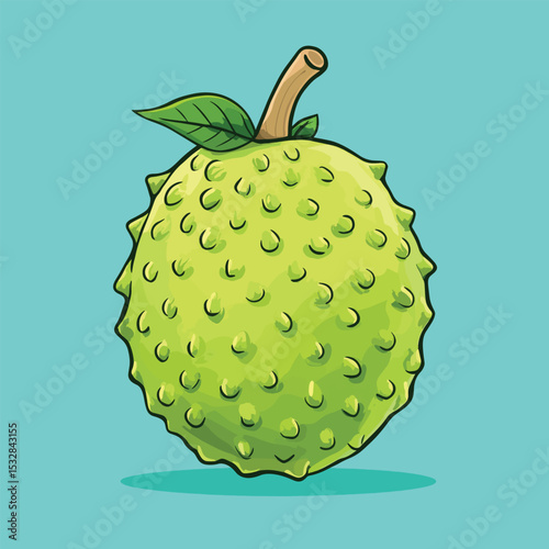 Vibrant Cartoon Illustration of a Spiky Green Soursop Fruit with Leaf and Stem