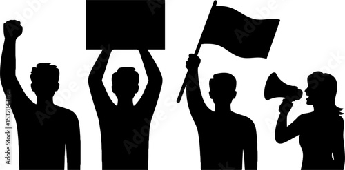 Protest People Raised Fist Holding Sign Flag and Megaphone Activism Crowd