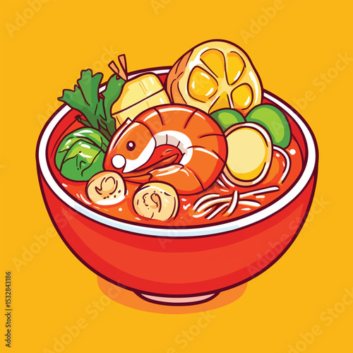 Vibrant Cartoon Illustration of Delicious Shrimp Tom Yum Soup Bowl