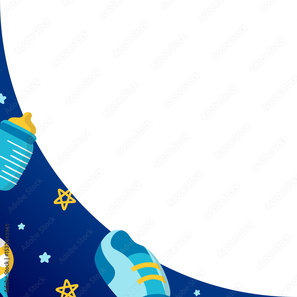 Obraz premium Baby-themed flat corner graphic is featuring blue curve, bottle, sneaker, stars, clear background