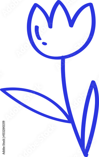 Fototapeta Naklejka Na Ścianę i Meble -  Stylized flower is using blue line art with three petals, stem  and  two leaves, transparent backgro