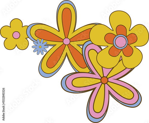 Retro flat cartoon flowers are floating on transparent background with bold outlines, copy space