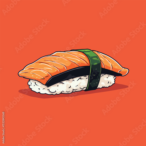 Vibrant Cartoon Salmon Sushi Roll on Coral Background