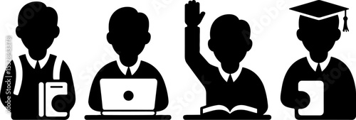 Students Reading Laptop Raised Hand Graduation Concept