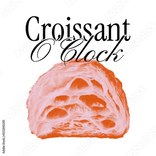 Minimalist vector print with croissant. Breakfast morning fashion illustration with text. Photocopy dotted effect. Retro t-shirt design. Cutout sticker grunge element for postcards, background.