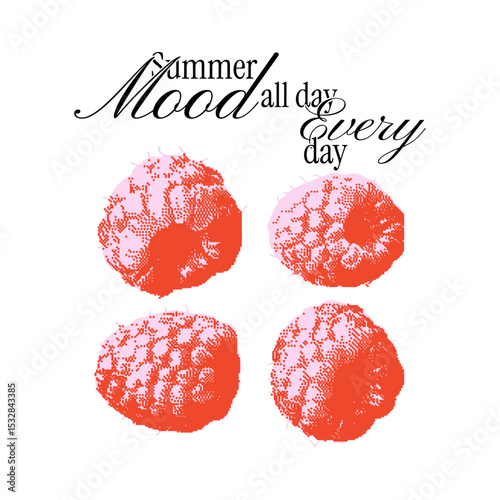 Minimalist vector graphic with raspberry harvest. Dolce vita summer halftone clipart for t-shirt print, postcards, menus, greeting cards with text slogan. Photocopy dotted texture.