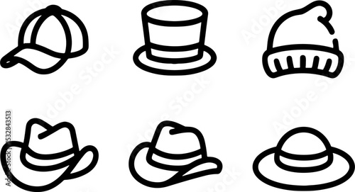Line Art Hat Set Baseball Top Hat Beanie Cowboy Fedora Sun Hat