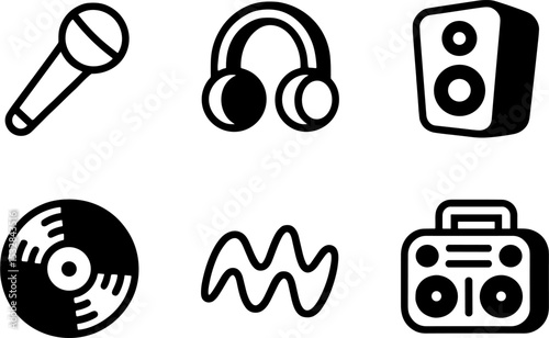 Music Audios Set Microphone Headphones Speaker Vinyl Record Wave Radio