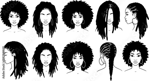 Set of female afro hairstyles. Collection of dreads and afro braids for a girl. Black and white illustration for a hairdrymaker.
