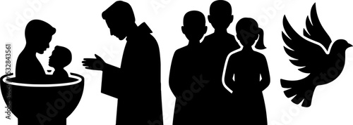 Christian Baptism Ceremony Silhouette Family and Dove Symbol