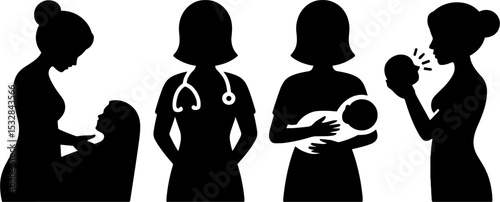 Mother Nurse Baby Care Silhouettes Newborn Feeding Vector Set