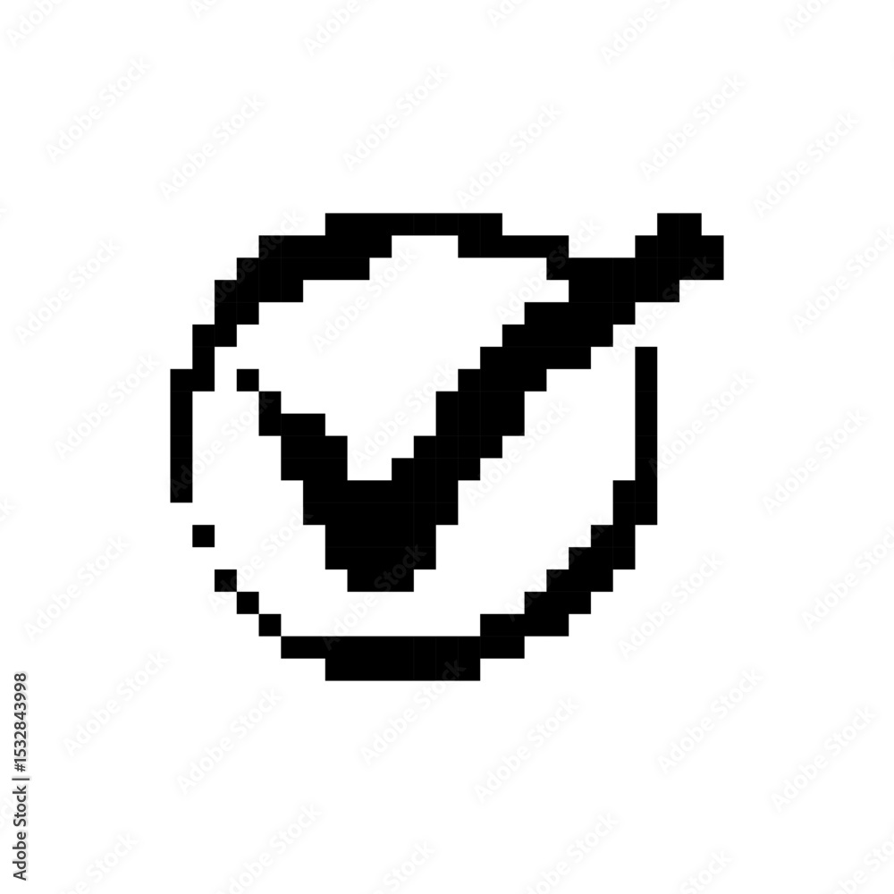 Fototapeta premium Black and white pixel art checkmark icon with a retro pixelated design in mosaic style.