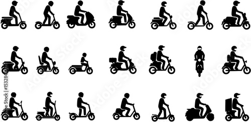 vector set of Scooter icon, Electric scooter icons. Man Riding a Scooter to Work. Scooter Riding Icons, Two wheeled vehicles and riders icon set.
