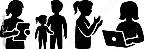 Silhouette People Using Devices Family Communication Concept