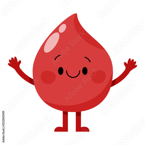 Cute blood drop character with arms and legs and a smile 