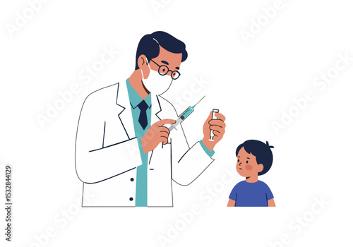 A doctor administers a vaccine to a child. Clean, modern illustration style. Focus on healthcare and safety. Suitable for medical and wellness campaigns.