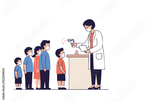 A doctor checks children's temperatures with a thermal scanner, ensuring safety. Clear, bright illustration for health and wellness themes.