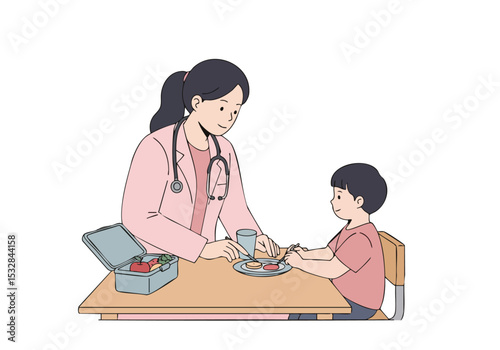 A female doctor examines a young boy while he eats lunch from a nutrition box. Warm, caring scene with a focus on health and wellness. Clear composition, soft colors.