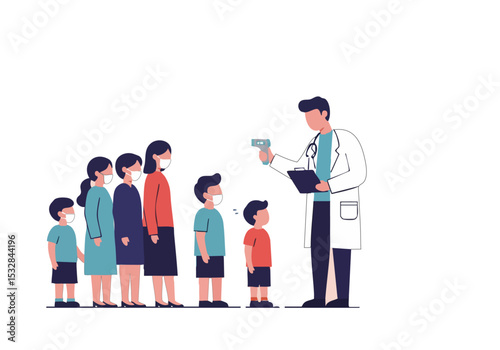 A doctor conducts temperature checks on children wearing masks. Clear composition, modern style, and a focus on health and safety. Ideal for medical or educational content.