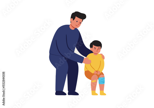 A father comforts his son with a bandaged knee. Warm, supportive scene conveying care and tenderness. Soft colors and simple illustration style.