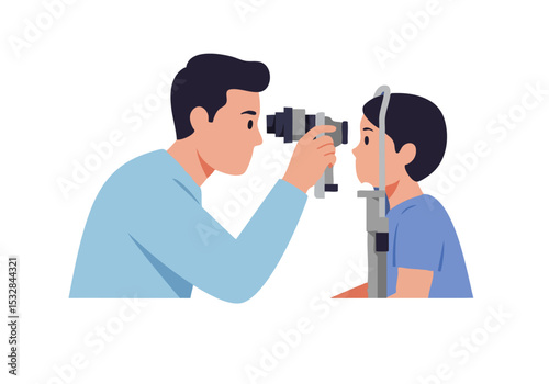 A father examines his son's eyes with an ophthalmoscope. Clear, focused image showcasing eye exam and family care. Professional medical setting.
