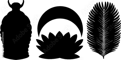 Ancient egyptian symbols: set of ra silhouette with sun disk and scarab wing design