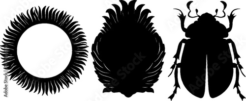 Ancient egyptian symbols silhouette set featuring ra, sun disk, and winged scarab for design