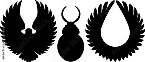 Ancient egyptian symbols with set of ra, sun disc, and scarab wings silhouette for design projects