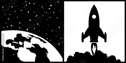 Rocket silhouettes with starfield background for space exploration design