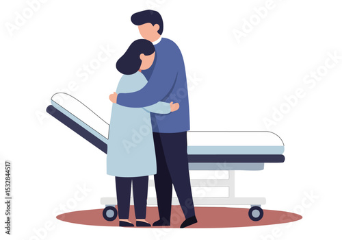 A heartwarming scene depicts a man embracing a woman in a hospital room, near medical equipment. Room care concept. Soft colors and a supportive atmosphere.
