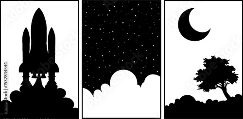 Rocket silhouettes with starfield and moonlit landscape for design projects