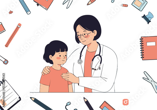 A kind doctor examines a young girl, fostering trust and care. Warm colors and educational props create a comforting scene. Ideal for healthcare, education, and family themes.