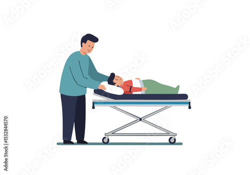 A man provides stretcher support to a patient.  Illustrative style, calming, supportive scene.  Focus on care and assistance.