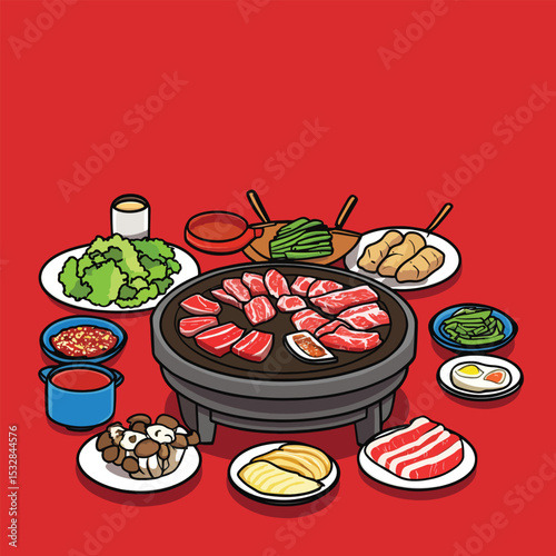 Vibrant Red Tabletop Korean BBQ Feast