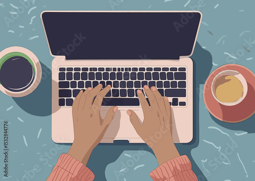Illustration. Person typing on a laptop with coffee cups on the desk