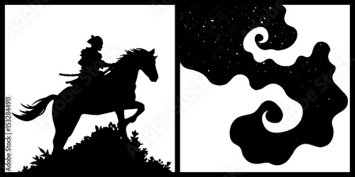 Samurai silhouette with swirl arc and cloud design for artistic projects