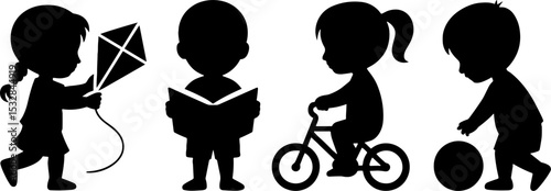 Children Playing Kite Reading Riding Bicycle Playing Ball Silhouette
