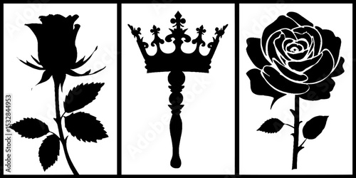 Elegant rose, crown, and scepter silhouette design for decorative projects