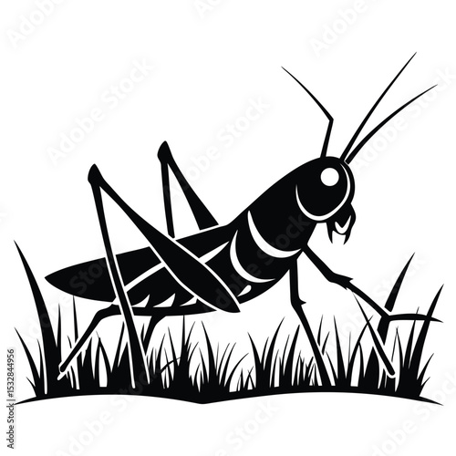 Stylized black and white grasshopper in grass