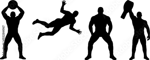 Rugby Player Silhouettes Catch Pass Tackle Win Trophy