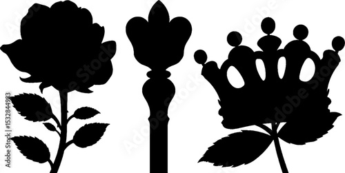 Elegant silhouette set featuring crown, scroll banner, and scepter designs